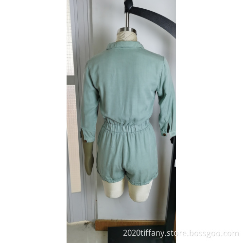 Wholesale Women's Green Button Waist V-Neck Jumpsuits